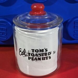 Eat Toms Toasted Peanuts Vintage Store Counter Glass Peanut Jar RED TOP LID